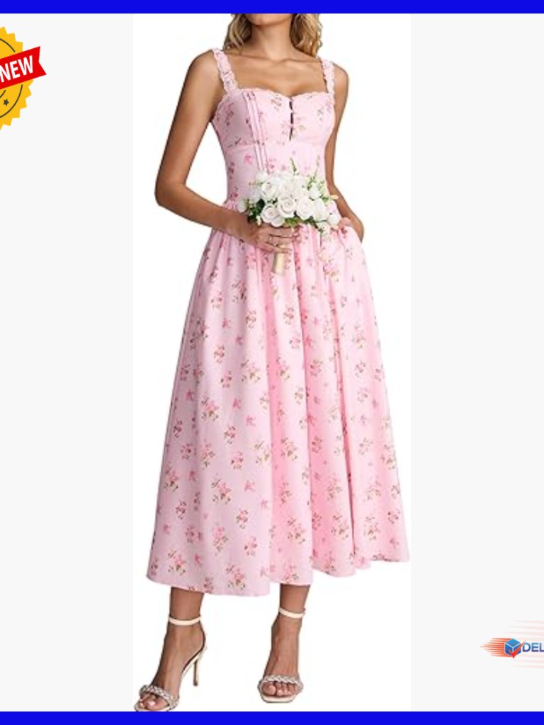 Summer Corset Midi Dress Floral Lace Smocked Flowy A-Line With Pockets